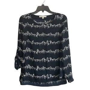 Daniel Rainn Small Top Equestrian All Over Horse Print Navy Lightweight Sheer